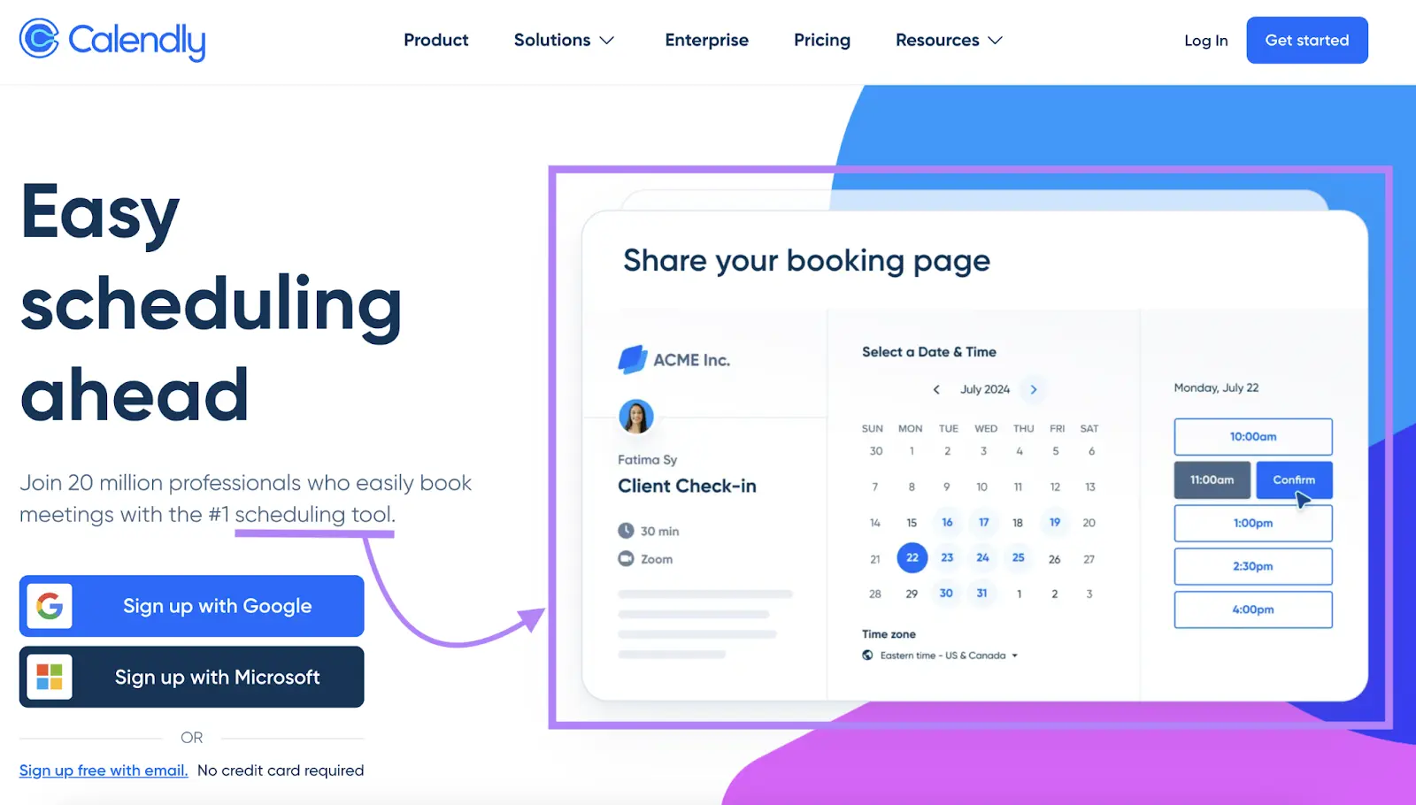 Calendly homepage using a screenshot of its scheduling interface along with the supporting text below the H1 using their primary target keyword.