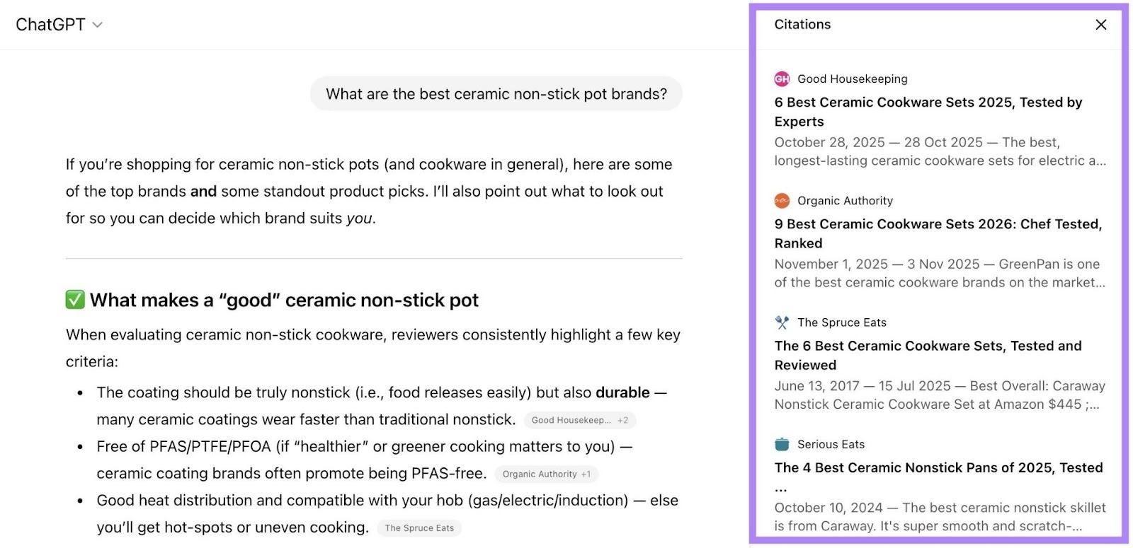 The "Citations" section highlighted to the right of a response on ChatGPT.