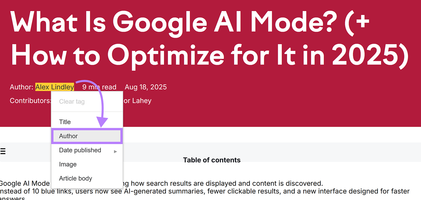 Structured Data Helper tagging author name in article, arrow pointing to Author tag option.