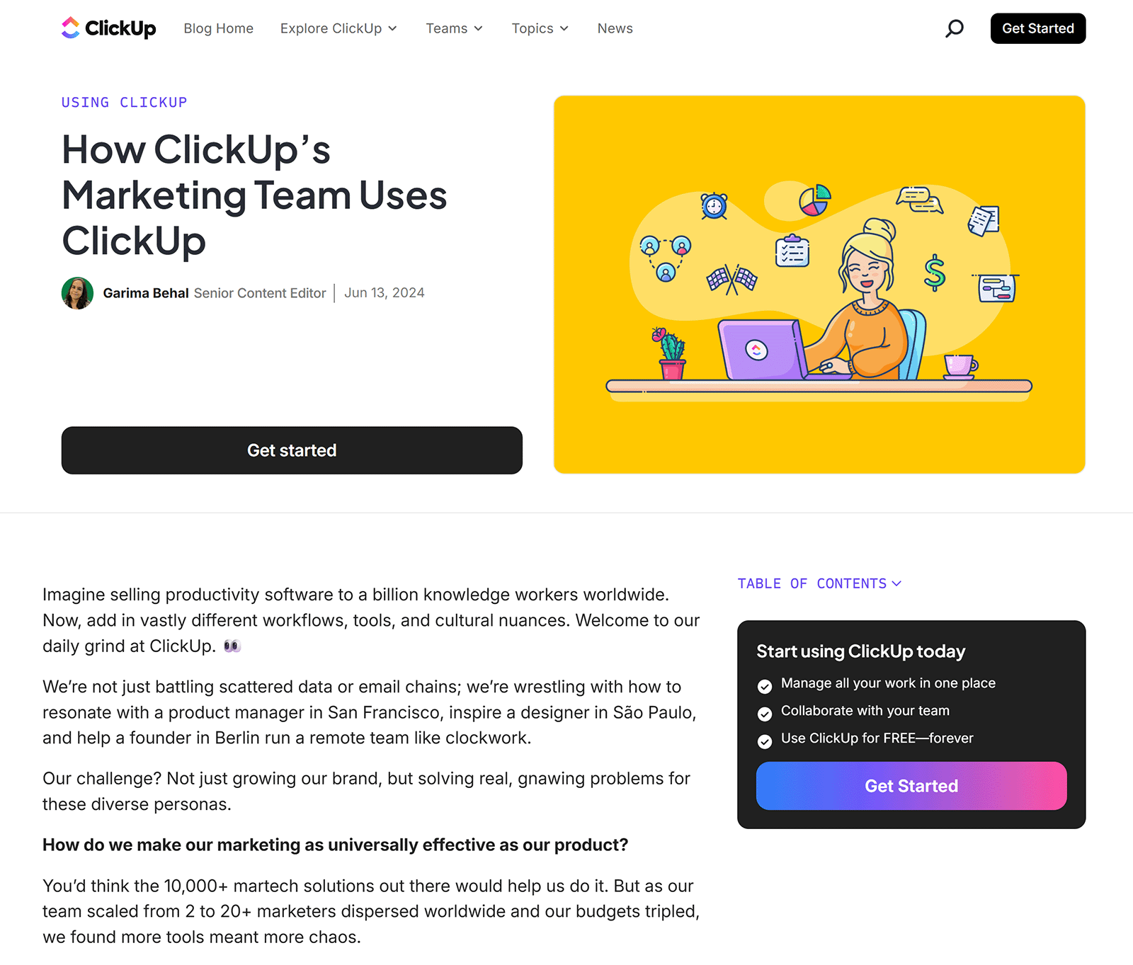 Promotional blog post example of ClickUp explaining how its marketing team uses the product.