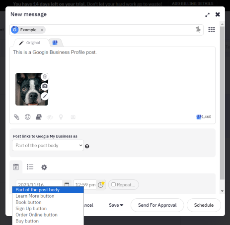 "New message" window in Sendible