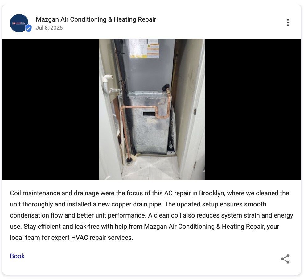 Google Business Profile post by an HVAC business detailing an issue with the coil and drainage of an AC, the fix, and the outcome for the customer.
