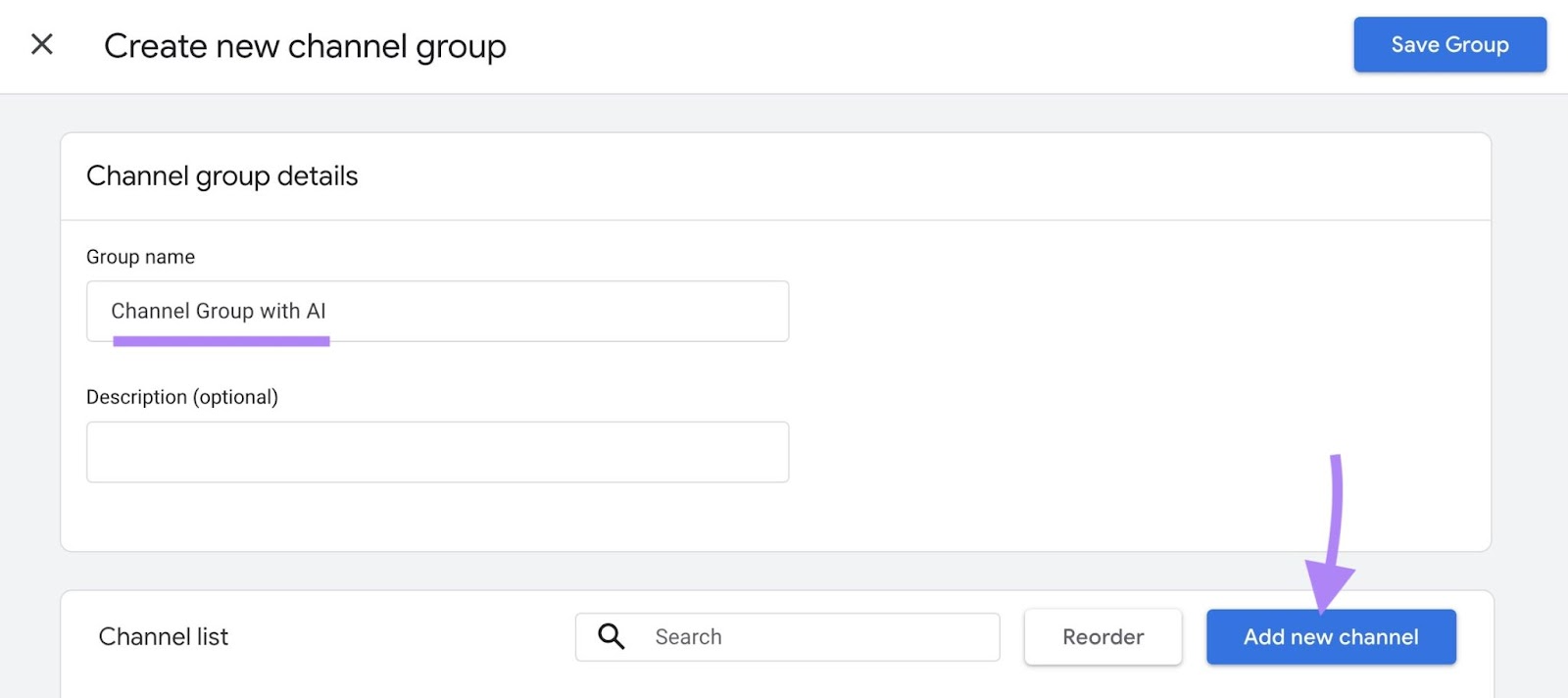 "Create new channel group" window on GA4 with a group name entered and "Add new channel" clicked.