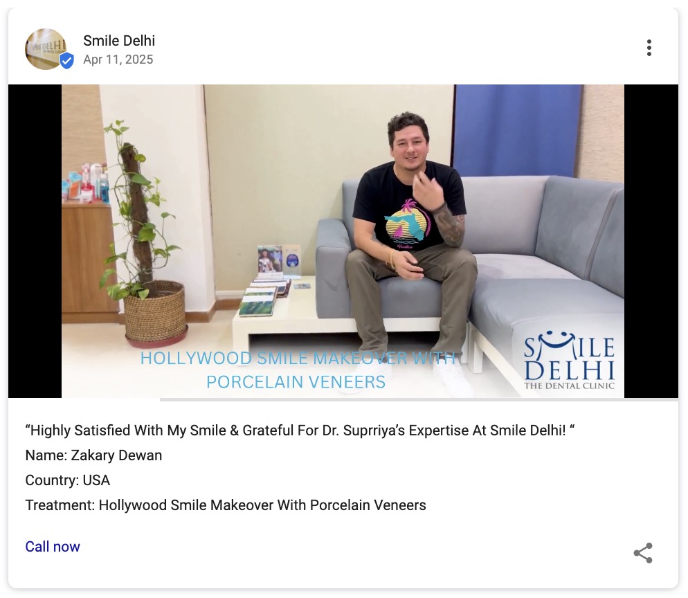 Google Business Profile post by a dental clinic, Smile Delhi, using a video testimonial to build trust.