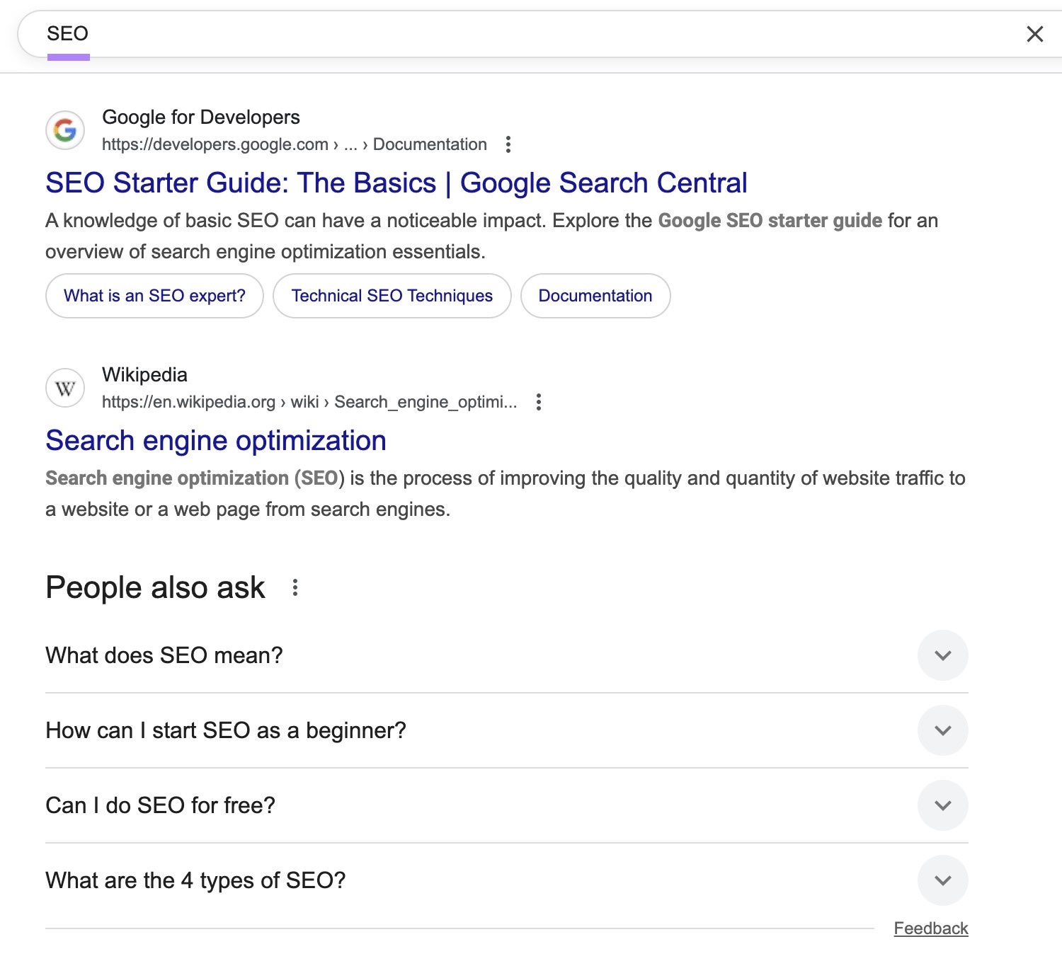 Google SERP for the query "SEO" showing organic listings and a 'People also also' box.