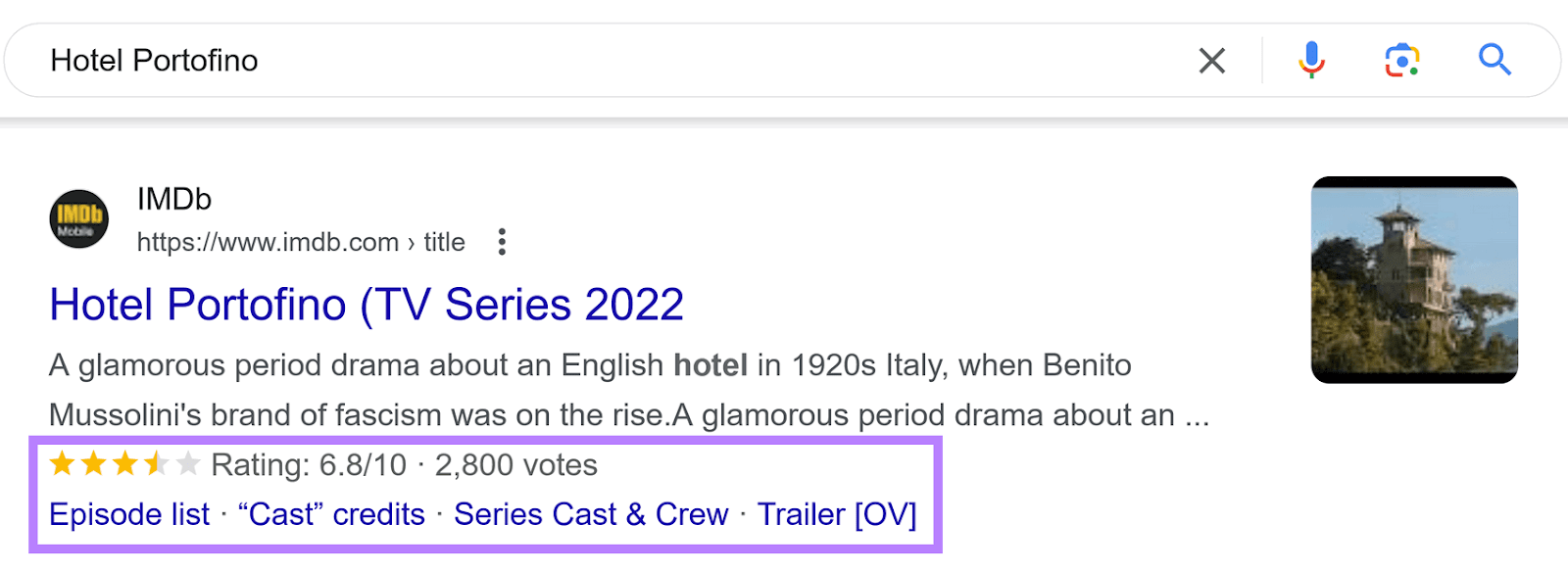 IMDB result on search displaying a star rating and votes from users