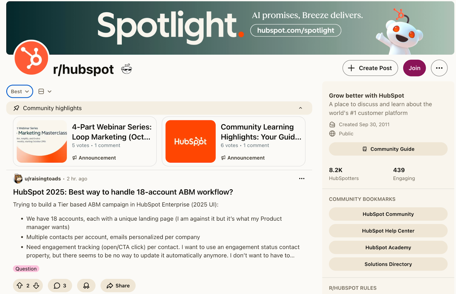 HubSpot's branded subreddit