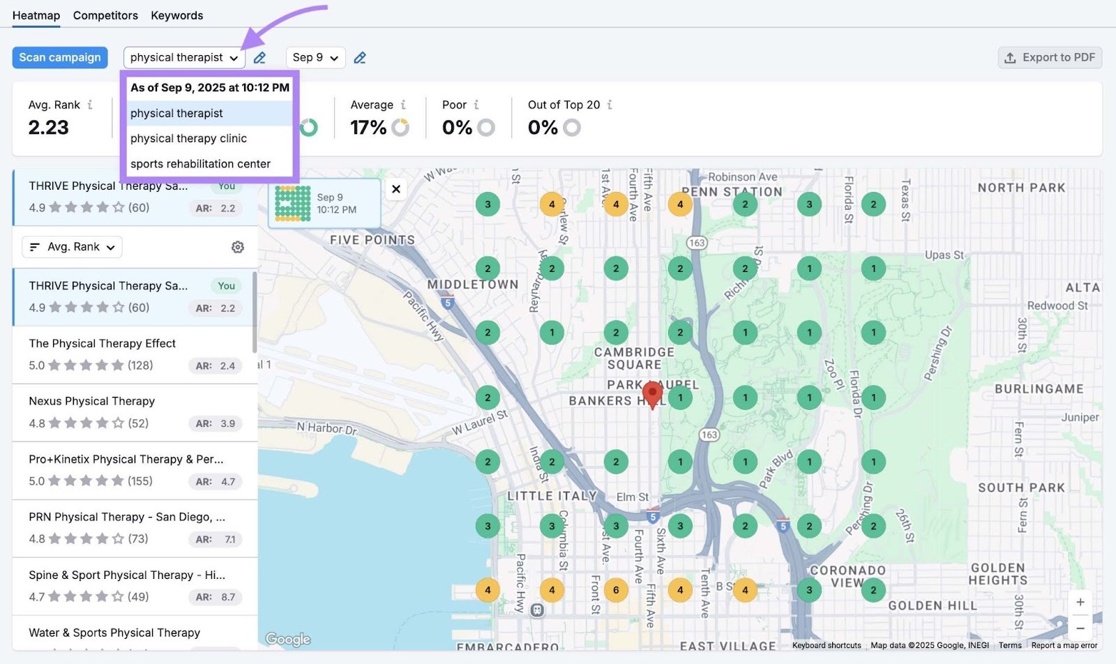 The keywords tab clicked and the options in the dropdown highlighted on Map Rank Tracker.