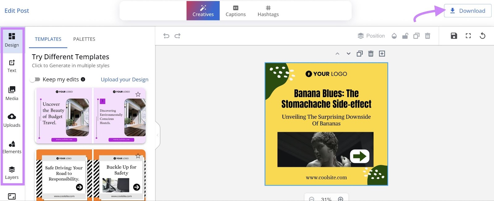 A drag-and-drop editor view in AI Social Content Generator tool
