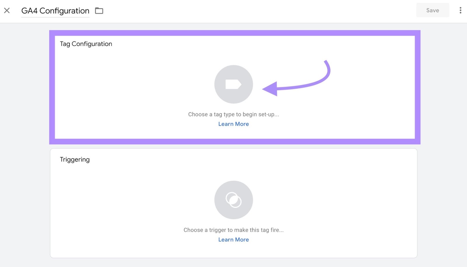 “Tag Configuration" box highlighted under “GA4 Configuration” tag