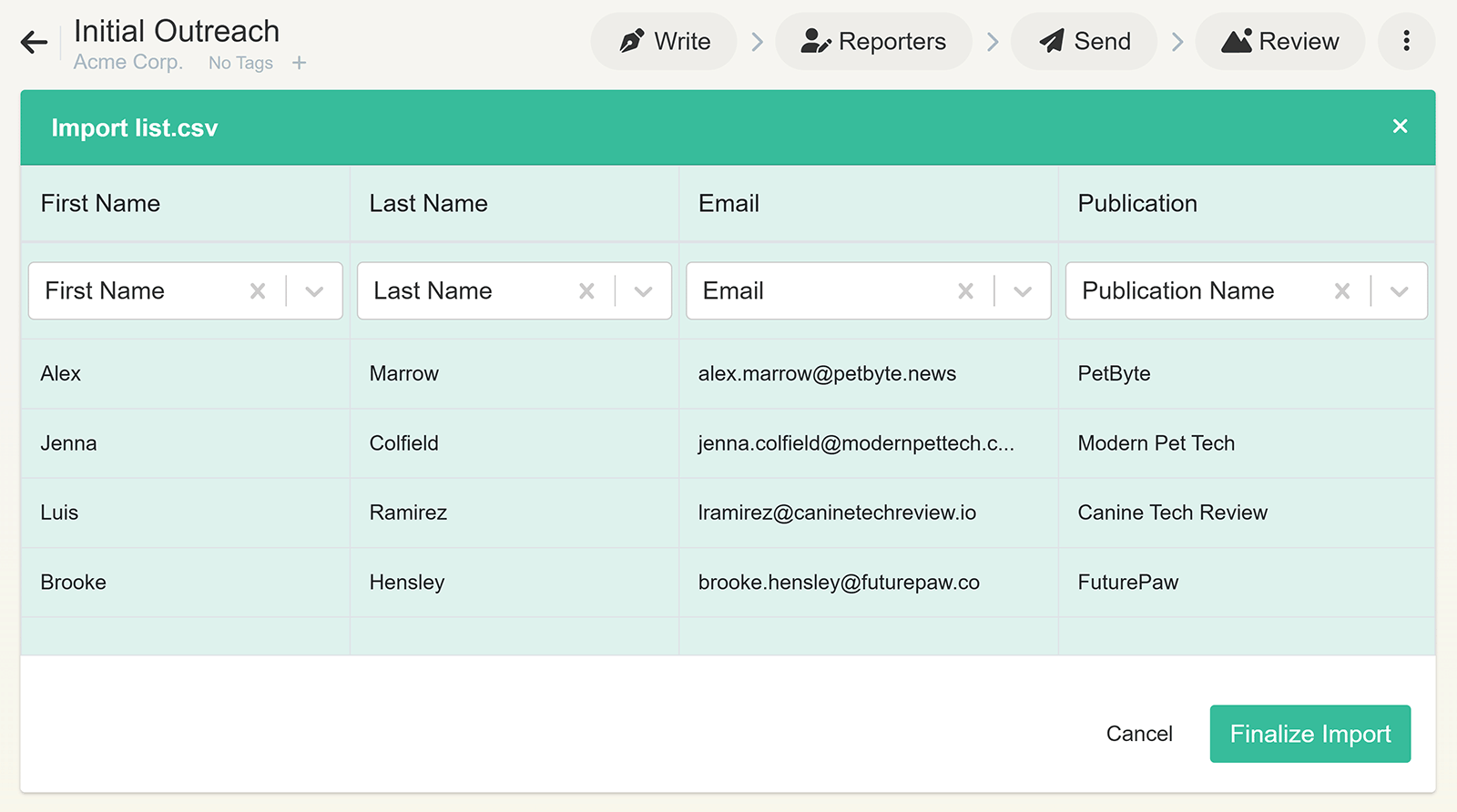 CSV import screen mapping reporter first name, last name, email, and publication before finalizing upload.