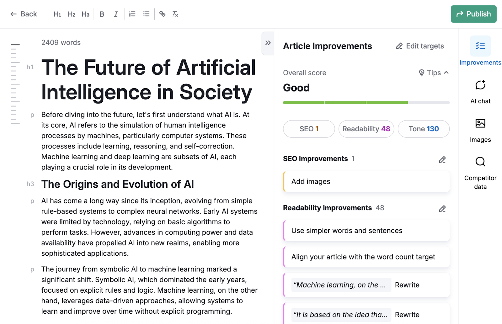 An AI generated draft is shown with suggested article improvements.