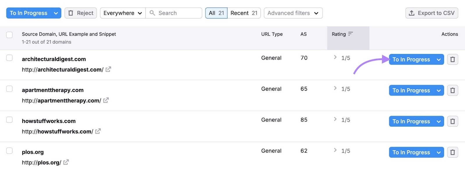 A list of domain prospects on the Link Building tool with "To in Progress" next to a prospect clicked.