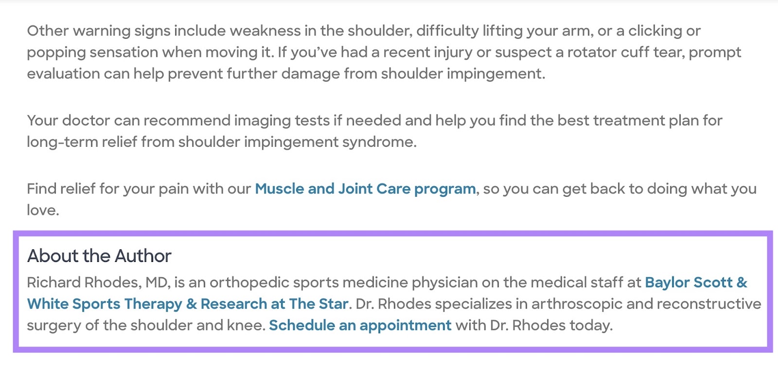 Blog post by Baylor Scott & White Health with the 'About the Author' section at the bottom demonstrating their medical expertise highlighted.