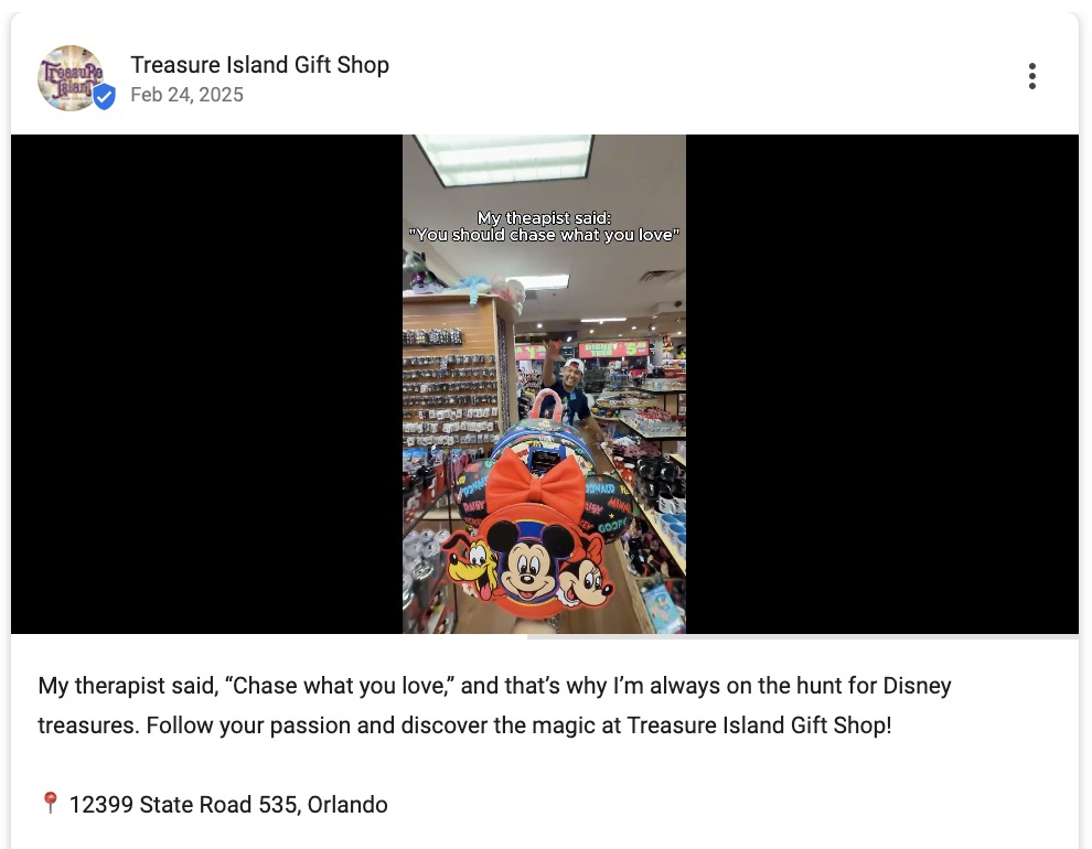 Google Business Profile post by a gift shop using a short video clip with a playful caption.
