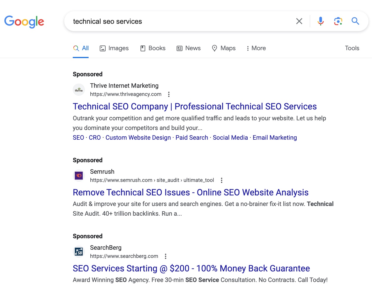PPC ads on Google's SERP for the "technical seo services" query