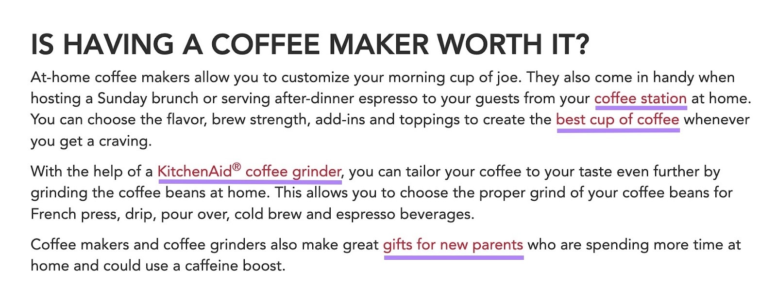 A blog post by Kitchen Aid with multiple internal links pointing to other resources on their site.