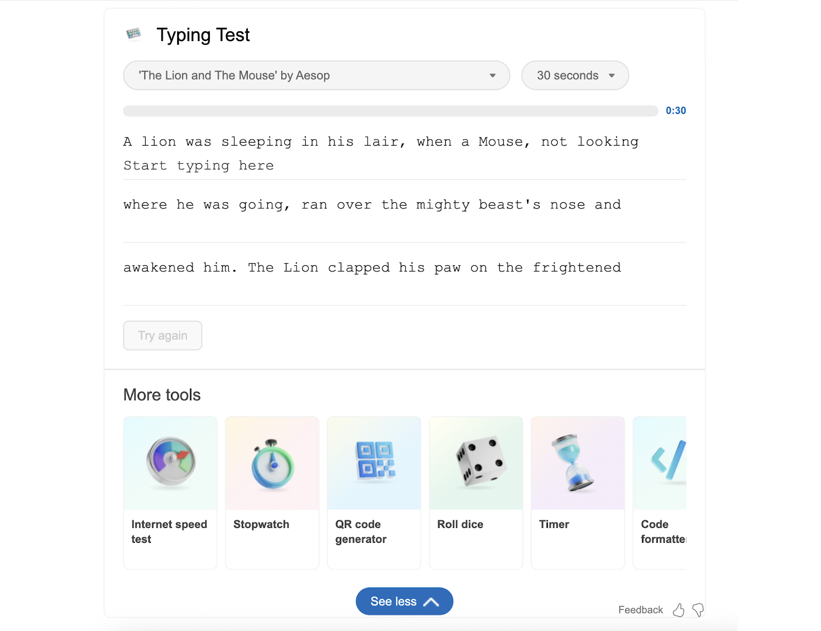Typing test tool appears with more tools like internet speed test, stopwatch, and more.