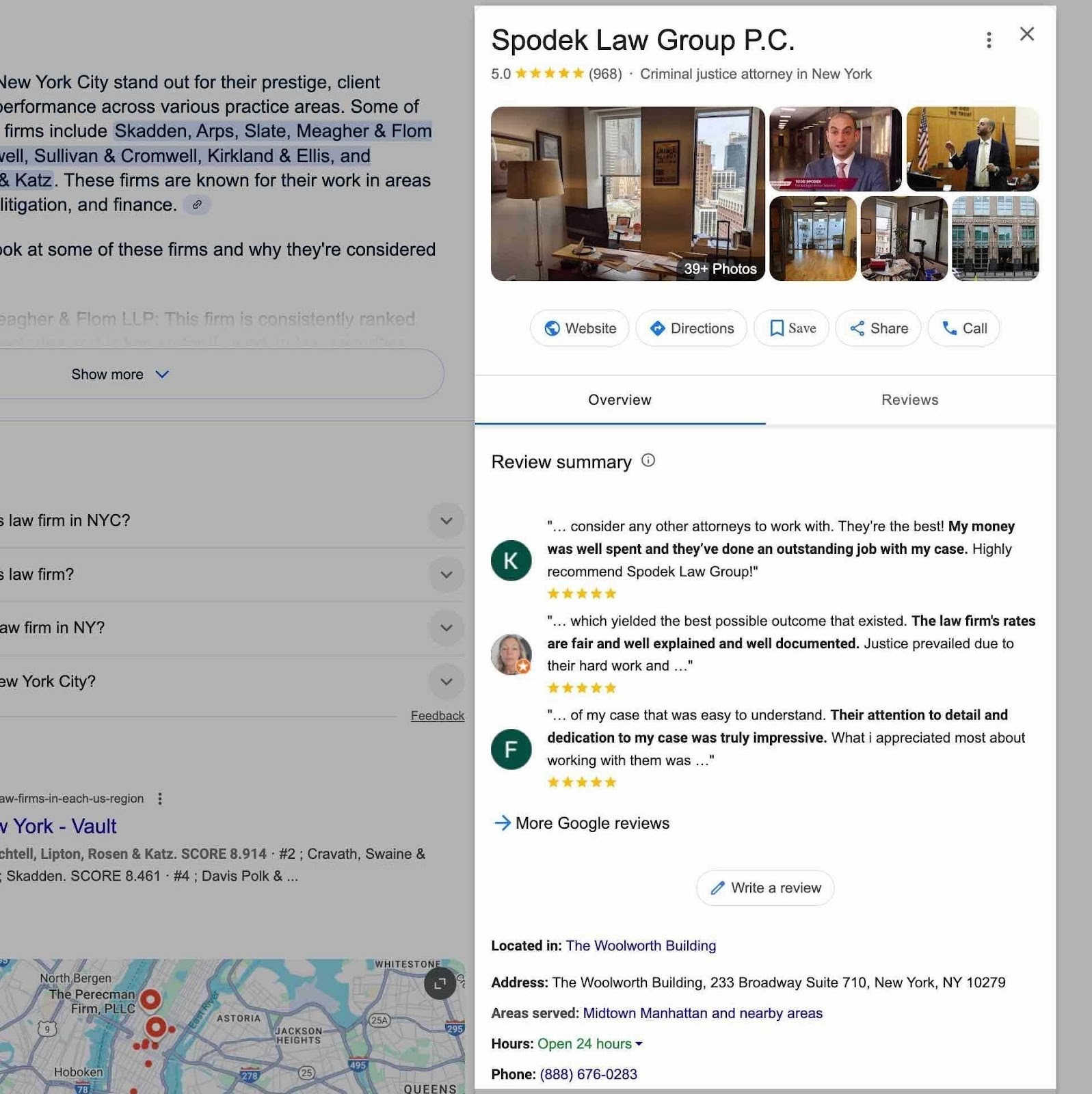 The Google Business Profile of a law firm, Spodek Law Group, highlighted on the right-hand side of the SERP.
