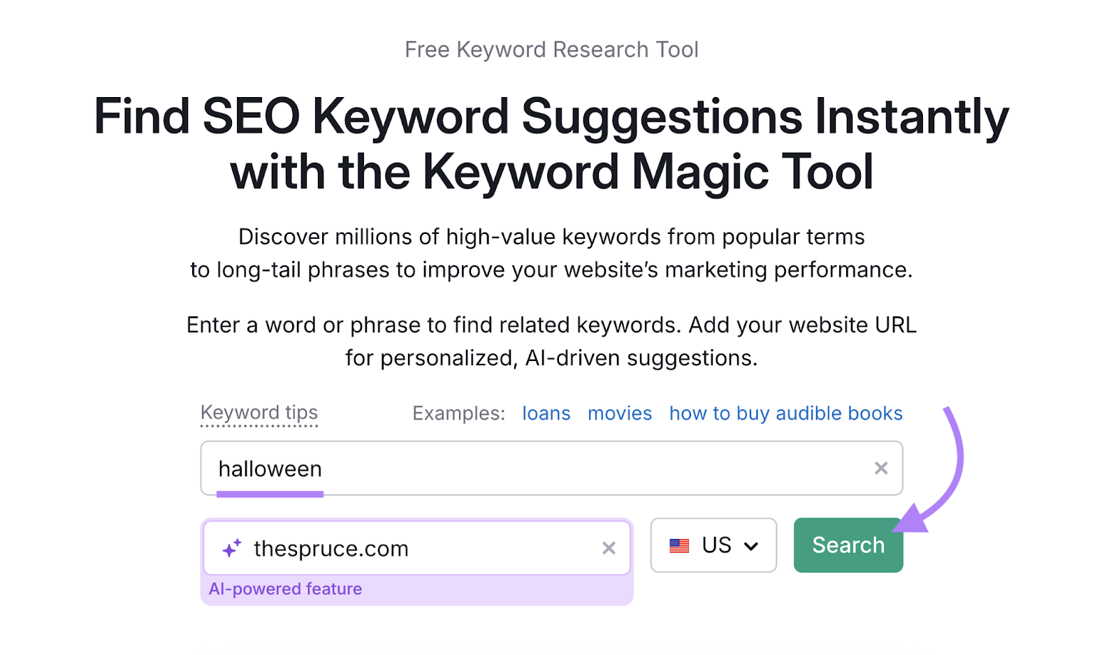 Keyword and domain are entered.
