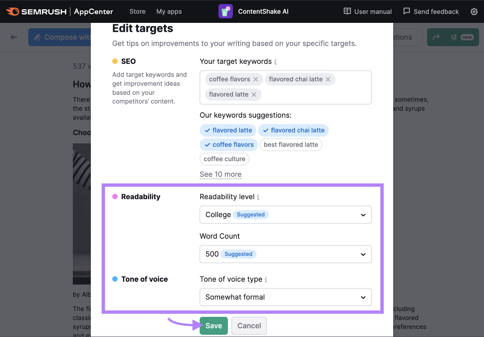 “Readability level” and “Tone of voice type” fields highlighted under "Edit targets" window in ContentShake AI