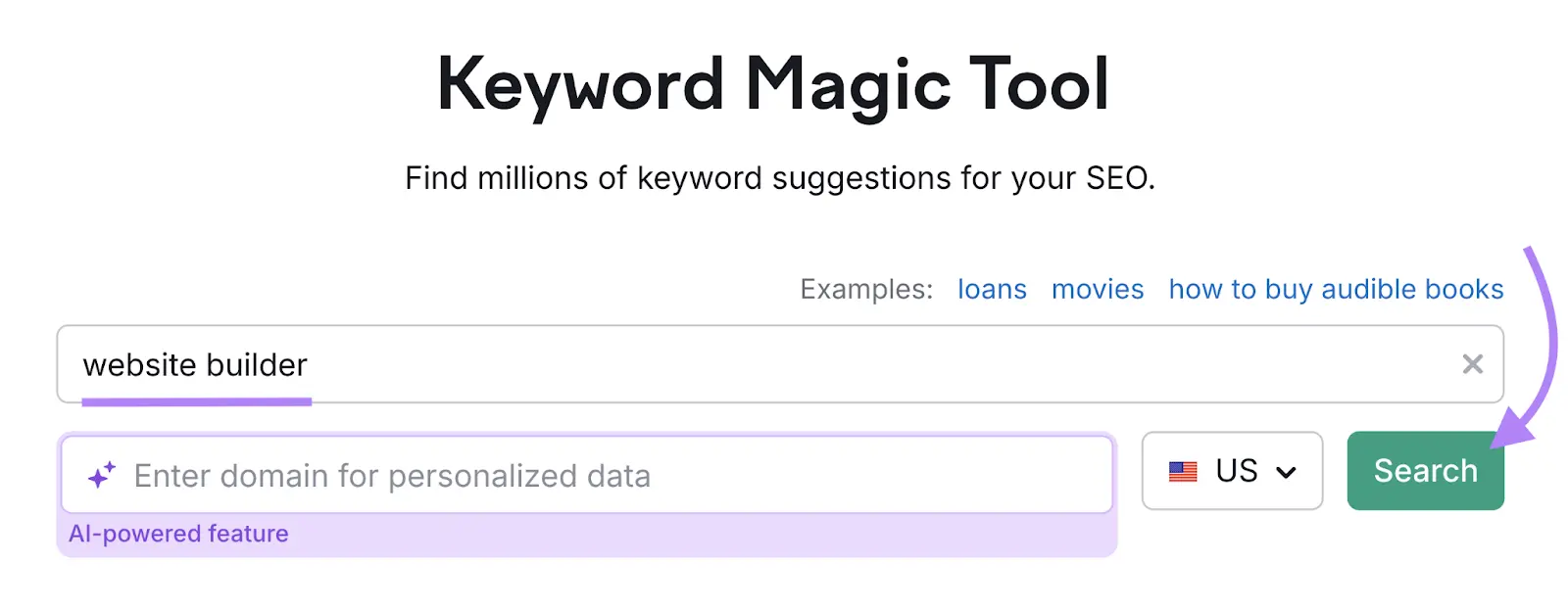Keyword Magic Tool start with "website builder" entered and "Search" clicked.