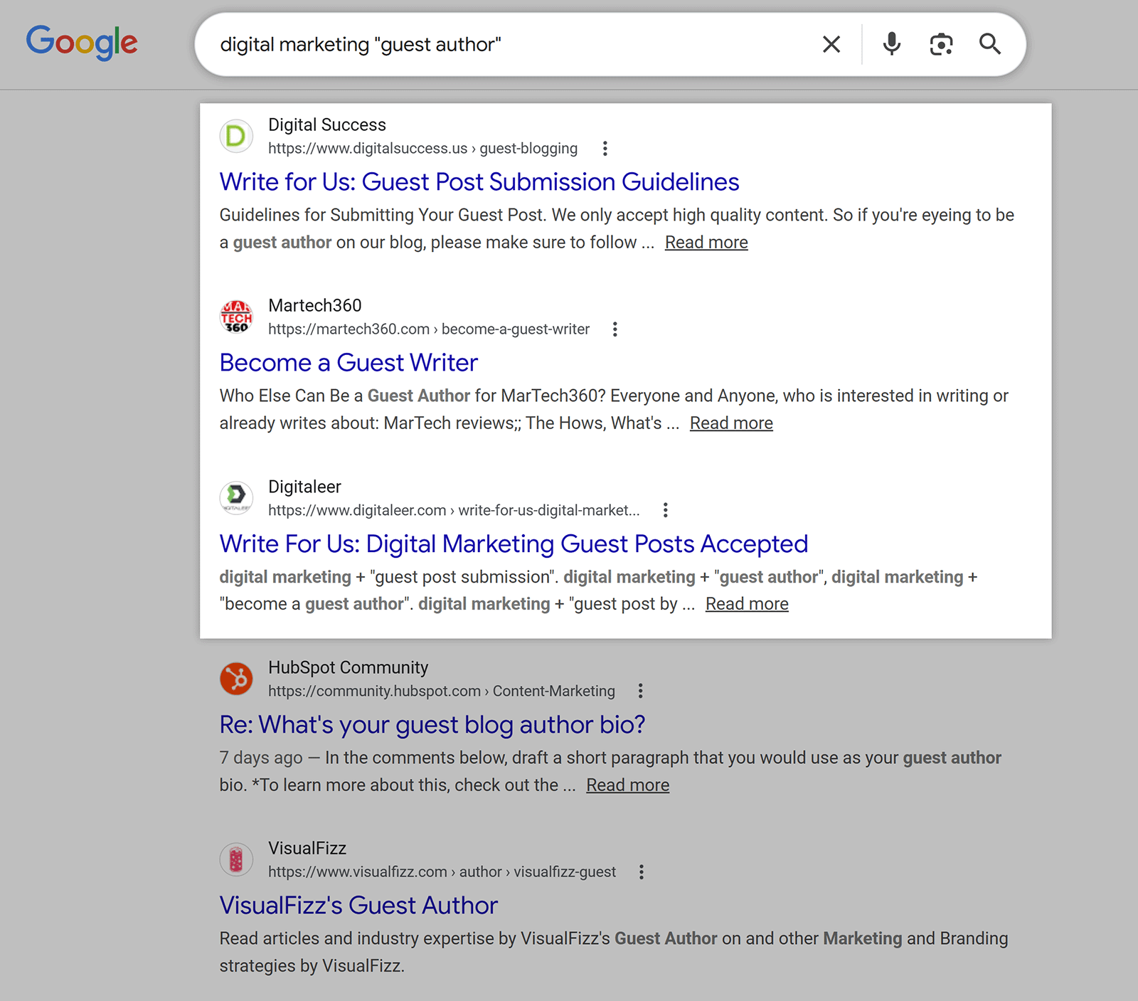 Google search results for “digital marketing guest author” showing guest posting opportunities and write-for-us pages