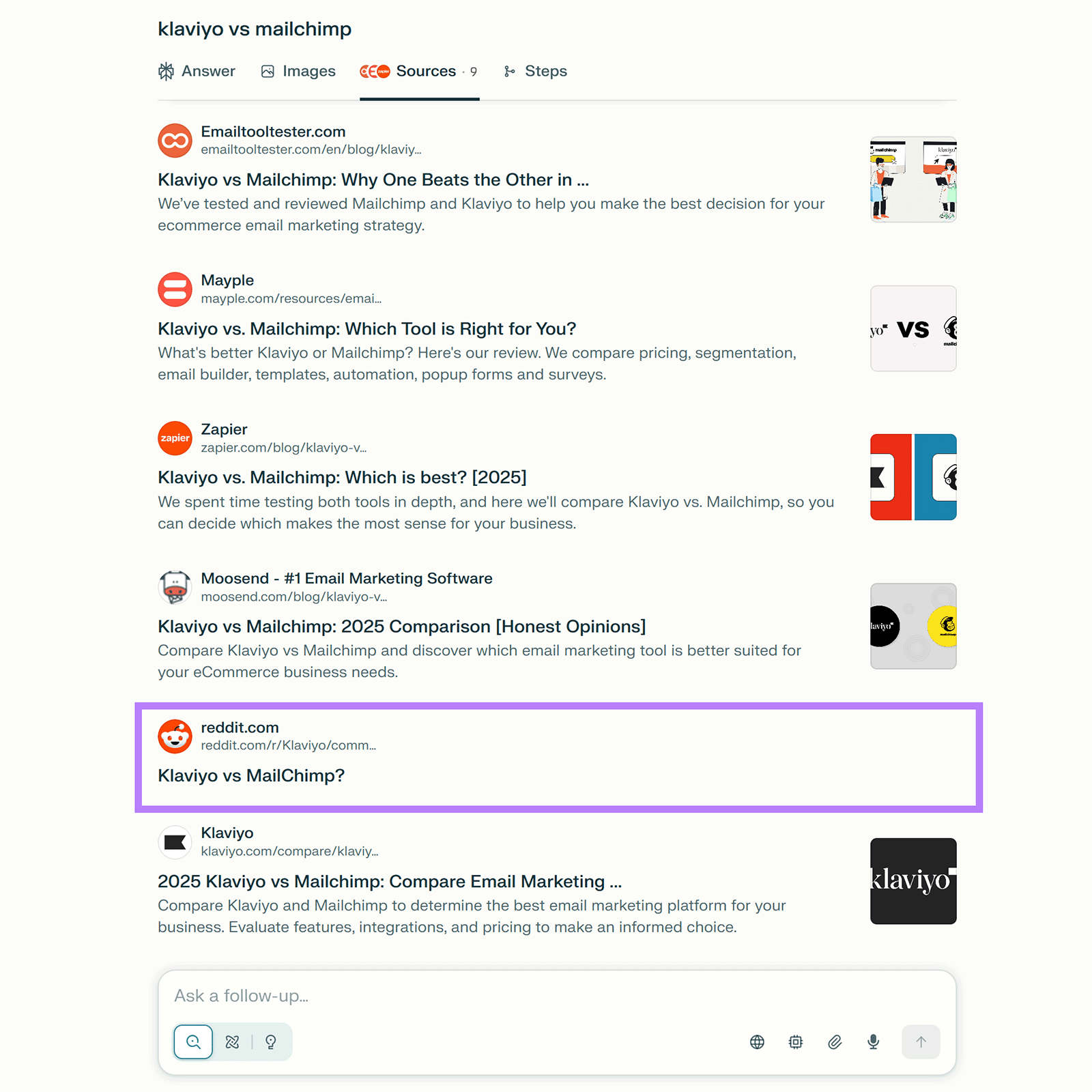 Perplexity AI search results for "klaviyo vs mailchimp" with Reddit source highlighted.