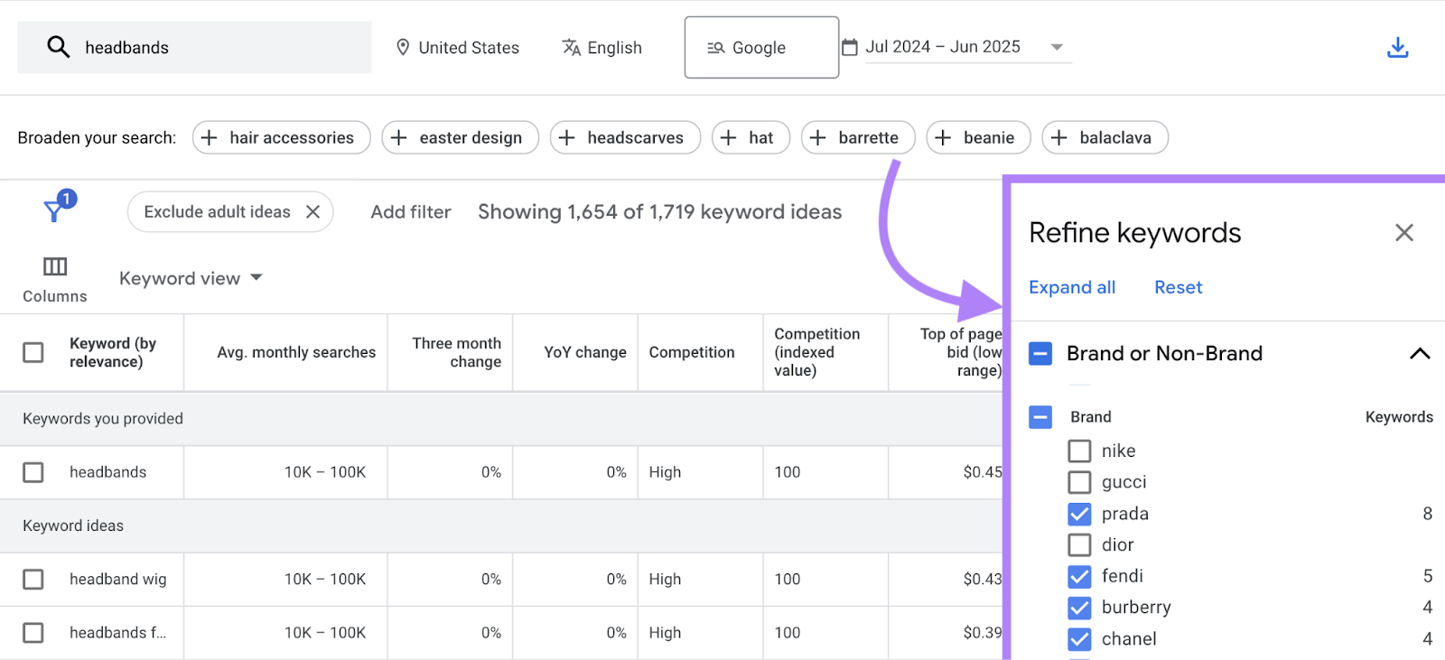 Brands are listed and some are deselected.