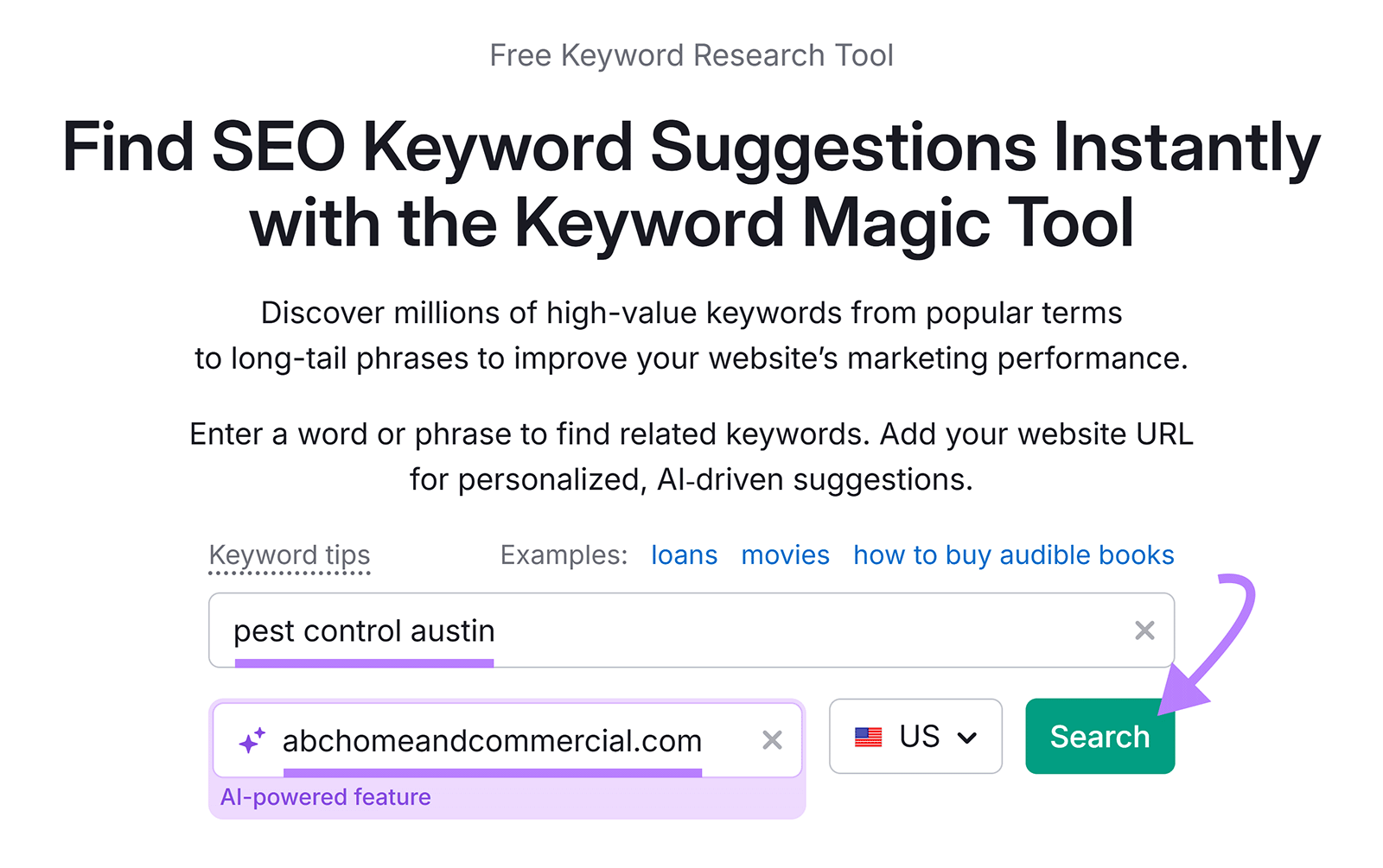 SEO keyword research tool interface with search bar and example keyword phrase entered for pest control in Austin