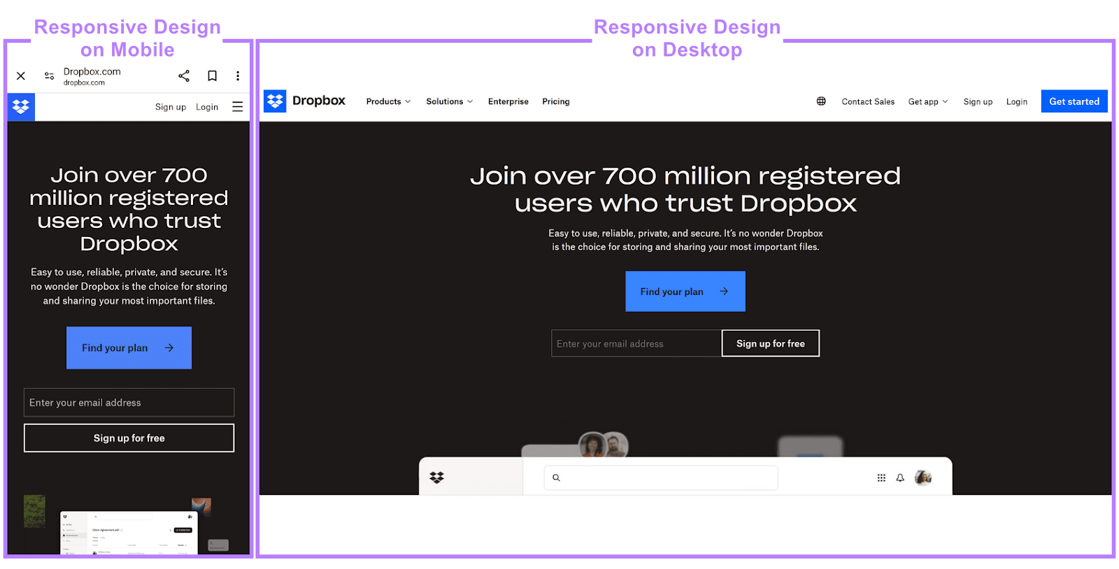 A responsive design on mobile (left) and desktop (right)