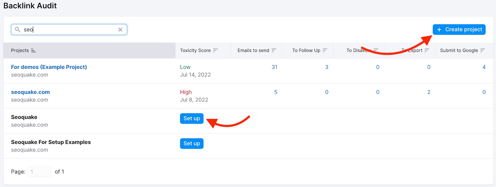 Backlink Audit main page showing two arrows: one pointing to the Create Project button and the other to the Set Up option.