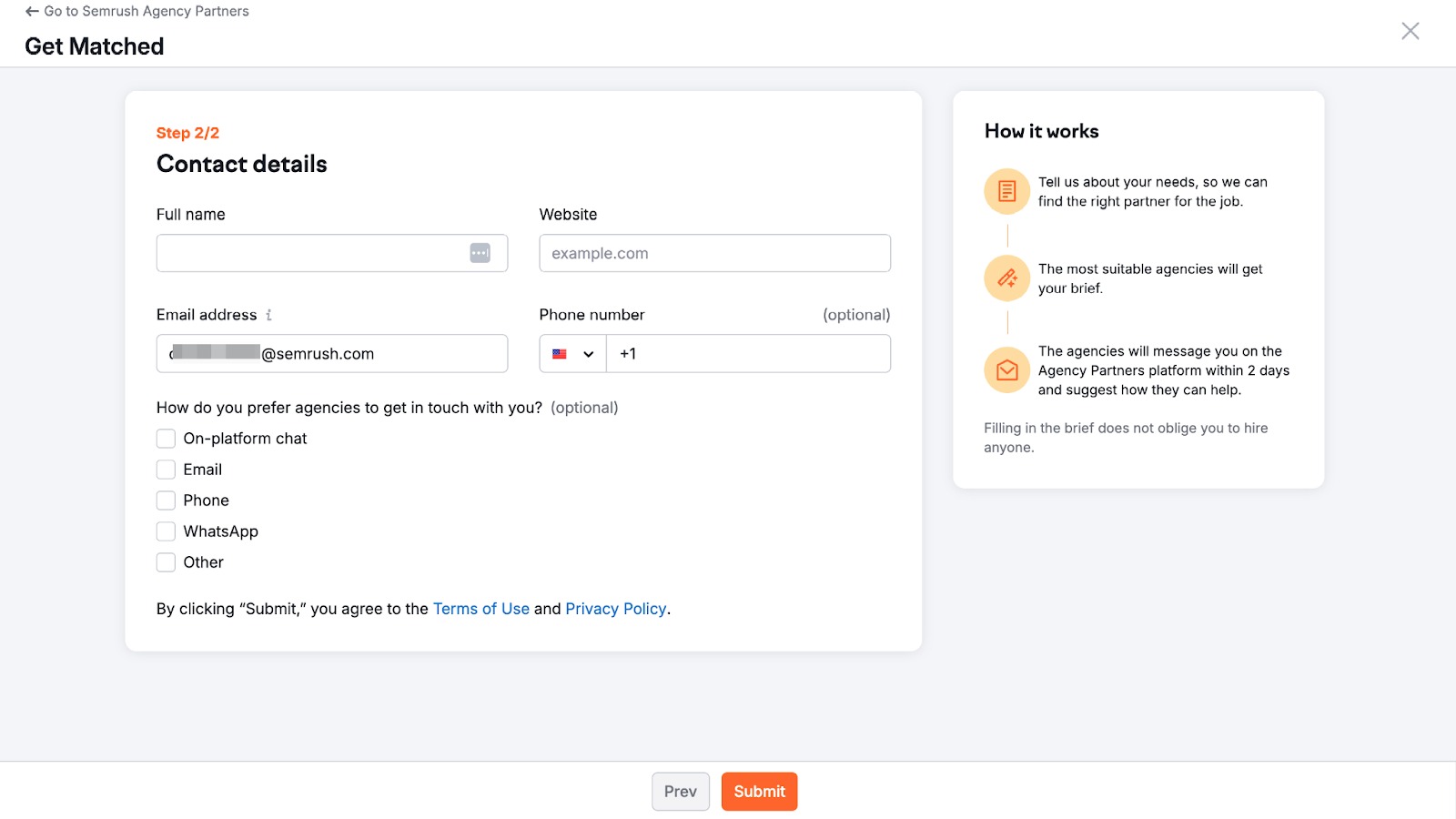 Example of the second step of the Get Matched form, featuring fields for contact details and preferred channel of communication. 