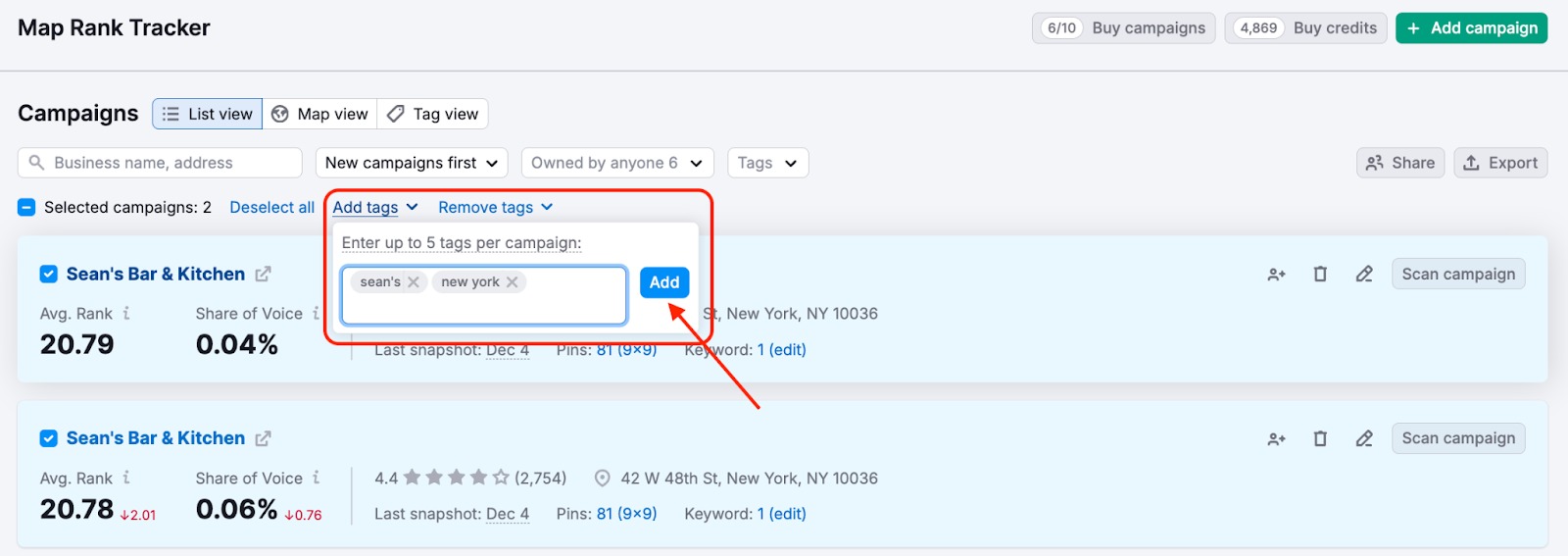 Setting up campaign tags in Map Rank Tracker 