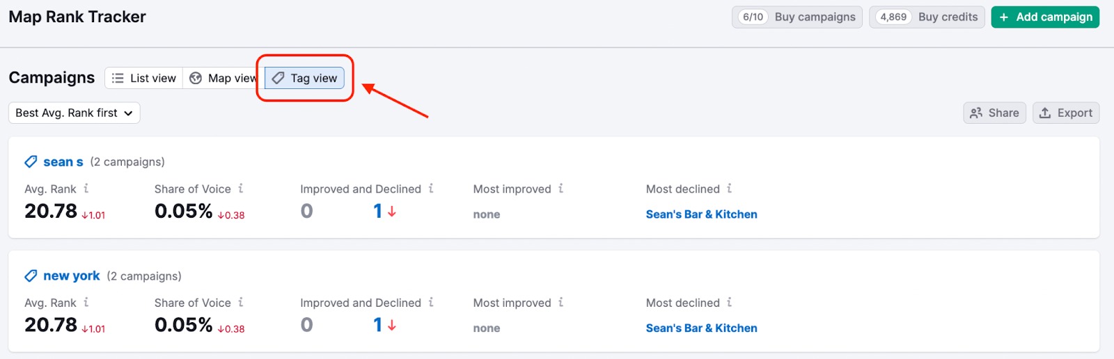 Tag view in Map Rank Tracker 
