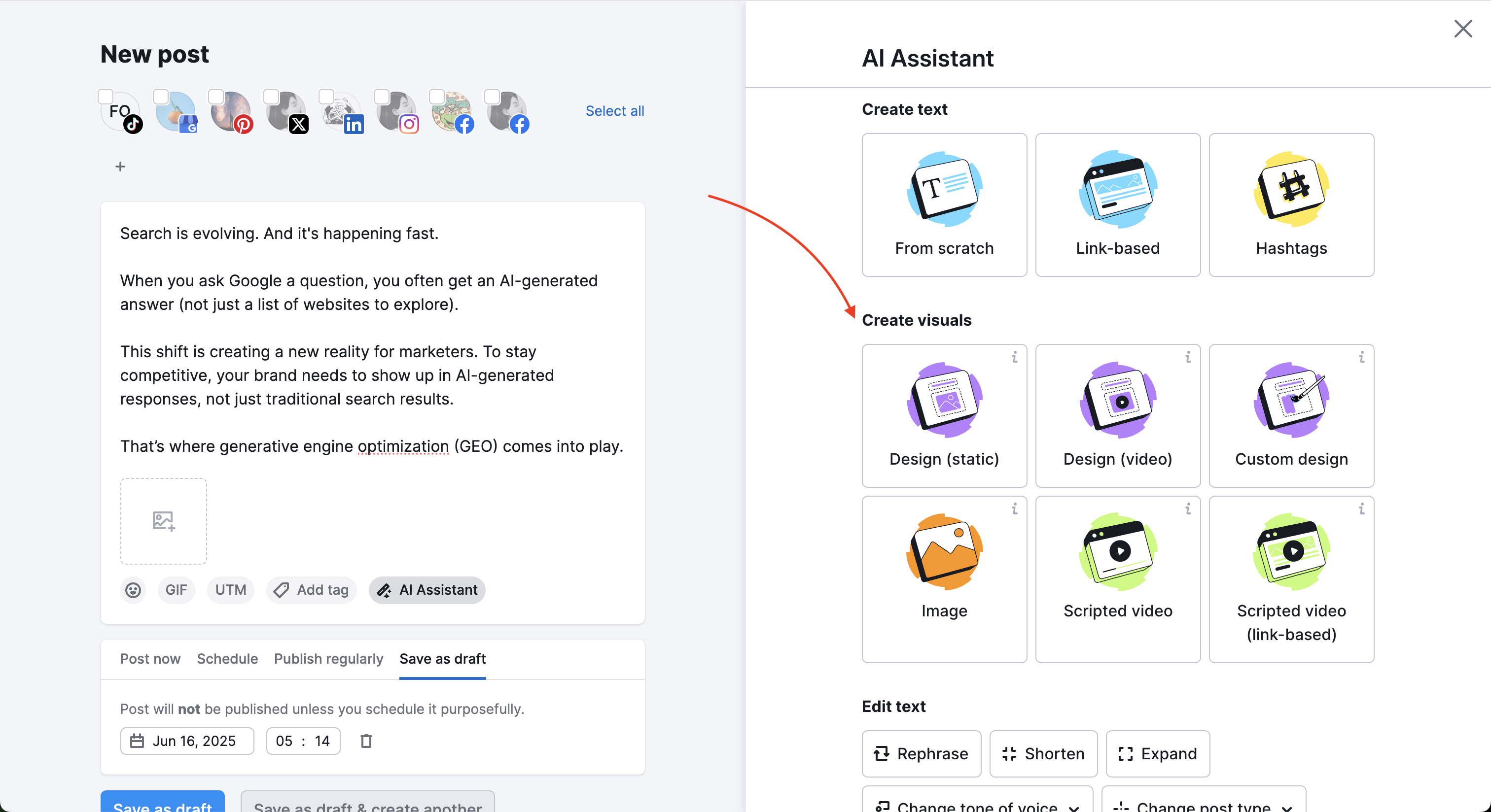 AI Assistant right-hand menu is open, with an arrow pointing to the Create visuals section.