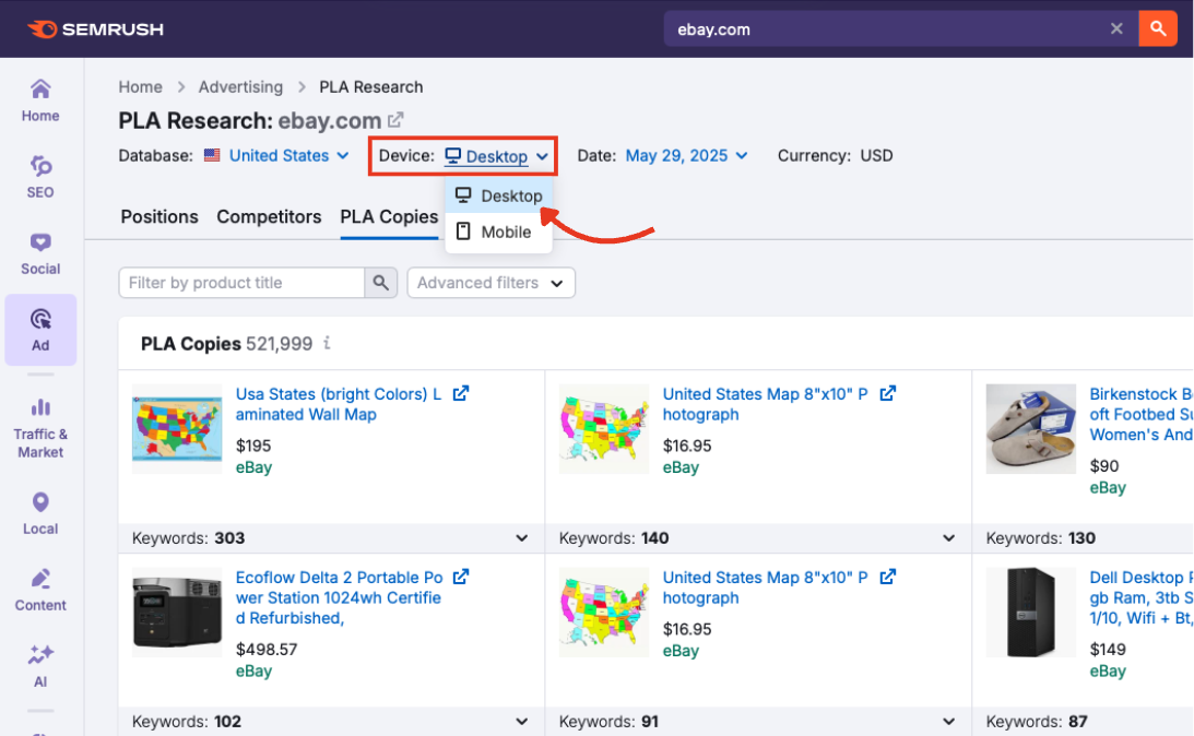 Device setting dropdown in the PLA Copies tab with Desktop selected.