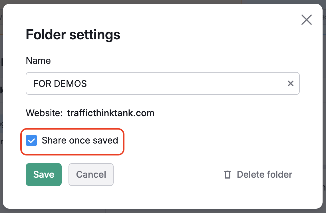 Folder settings wizard open, with the Share once saved option highlighted.
