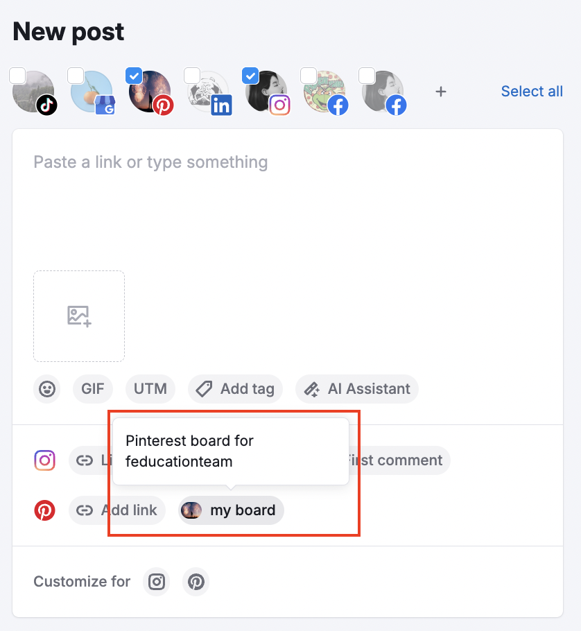 Post editor in Social Poster. Under the text field, the My board button is highlighted.