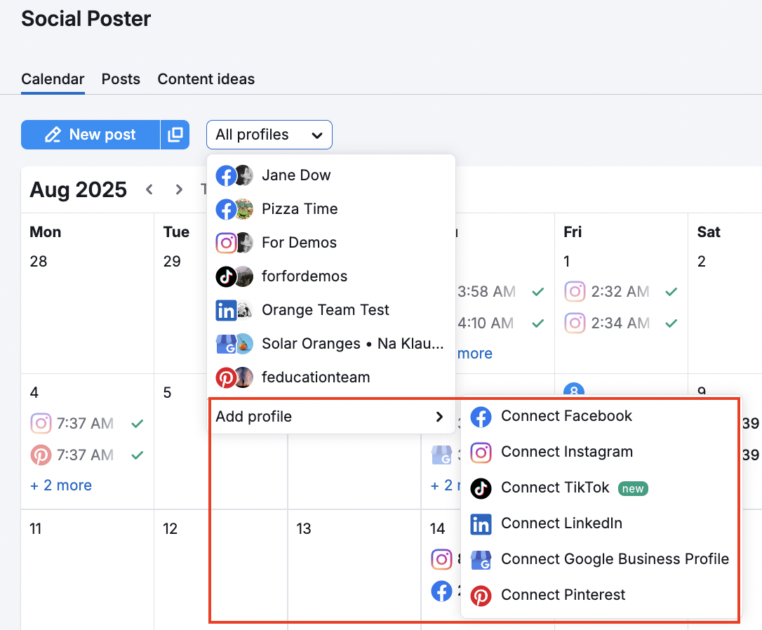 A dropdown menu of Calendar tab in Social Poster. Below all connected profiles, 'Add profile' button is highlighted that opens another dropdown menu with options to select a social media for a new profile.
