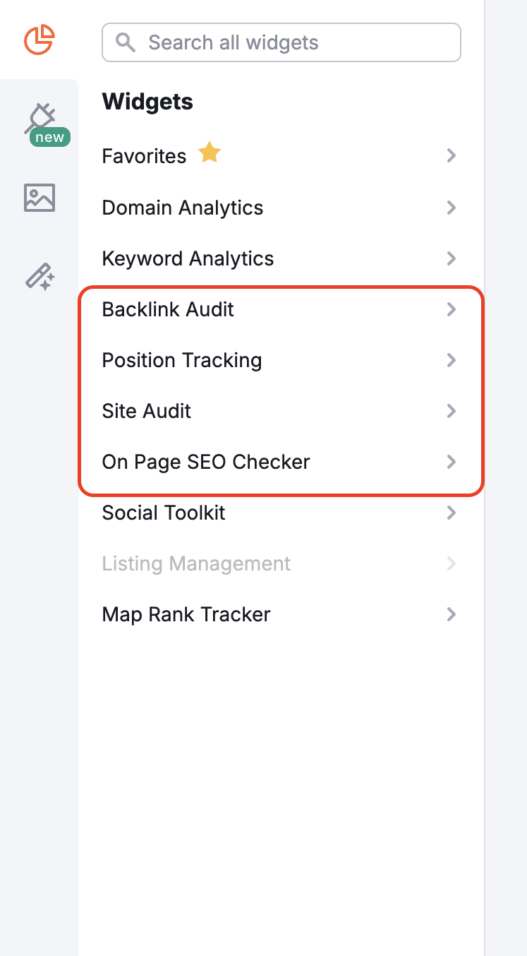 SEO Monitoring tools are highlighted with a red rectangle in the left menu.