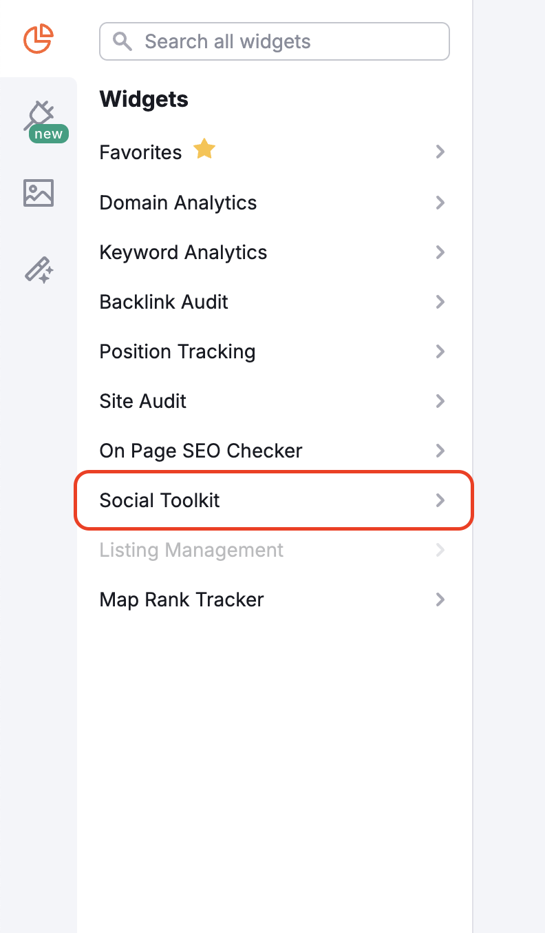Left-hand Integrations menu in My Reports section, with the Social Toolkit data option highlighted.