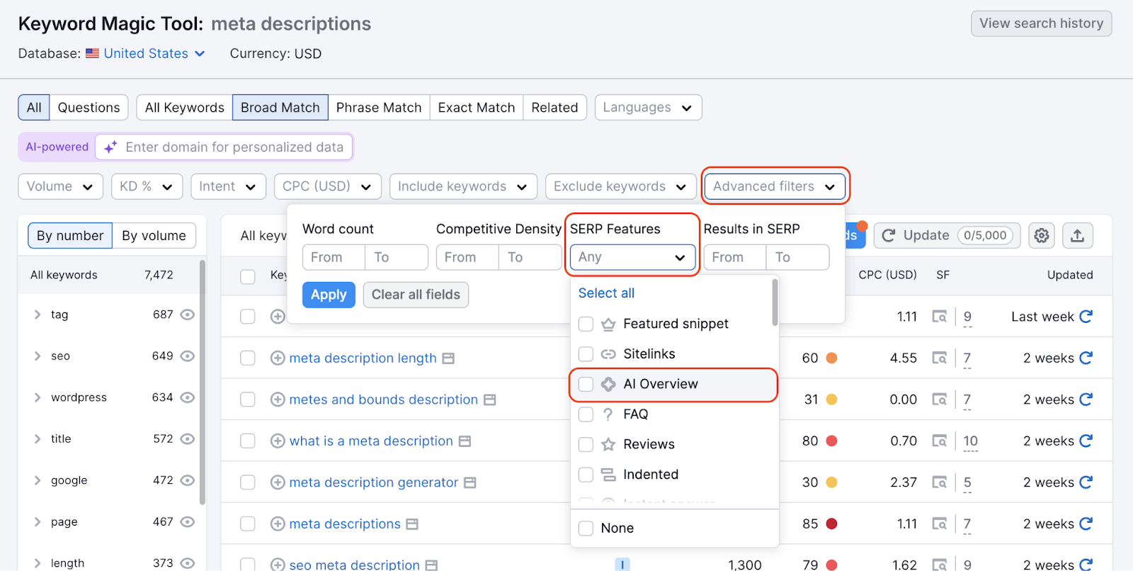 Keyword Magic Tool Advanced Filters set to filter by AI Overview.