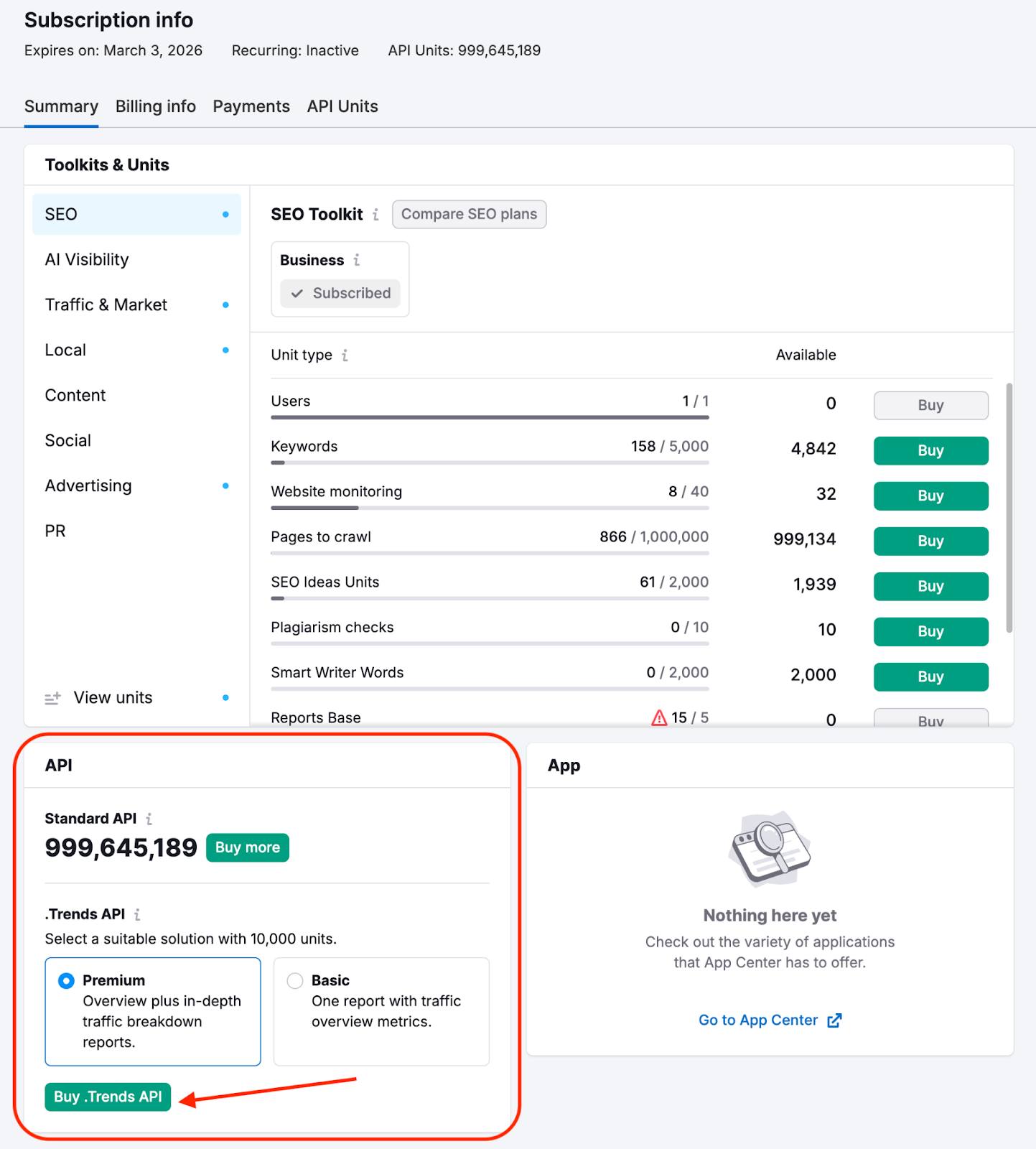The Subscription info page with the Trends API section highlighted.