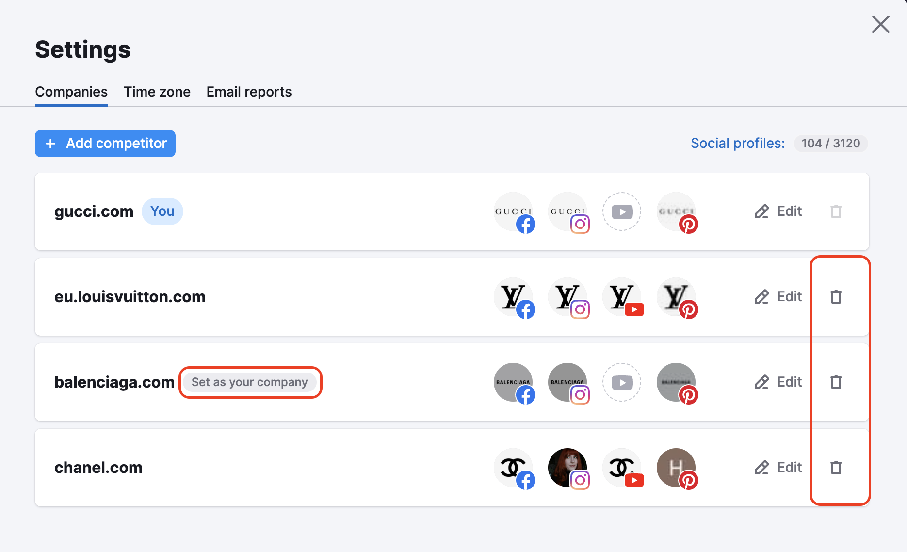 Social Tracker Settings window with red rectangles highlighting the Set as your company button which appears when you hover over the competitor, and the Bin buttons next to each of the competitors.