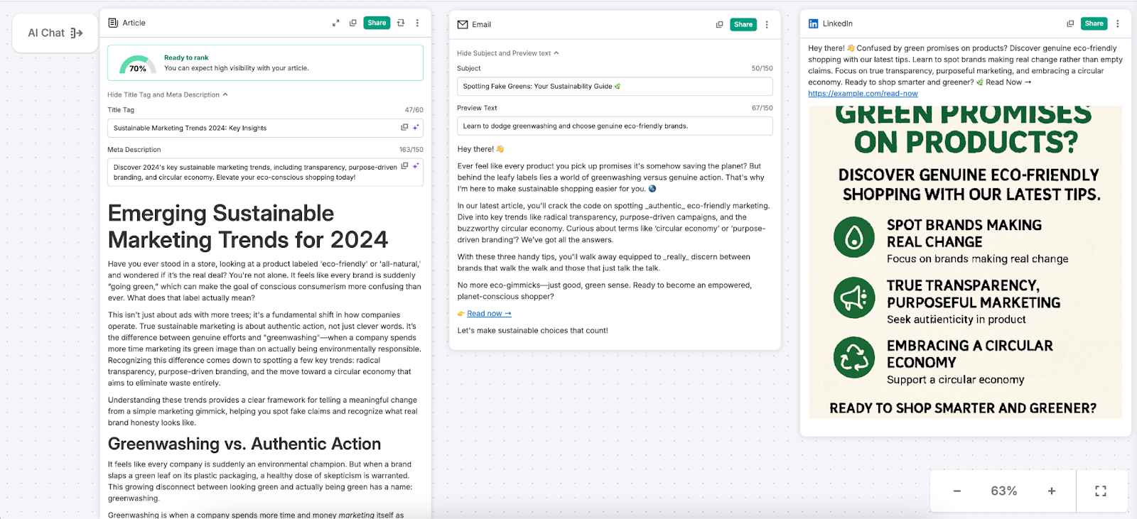 Board view displaying cards labeled Blog Post, Email Draft, and LinkedIn Post arranged on a board.
