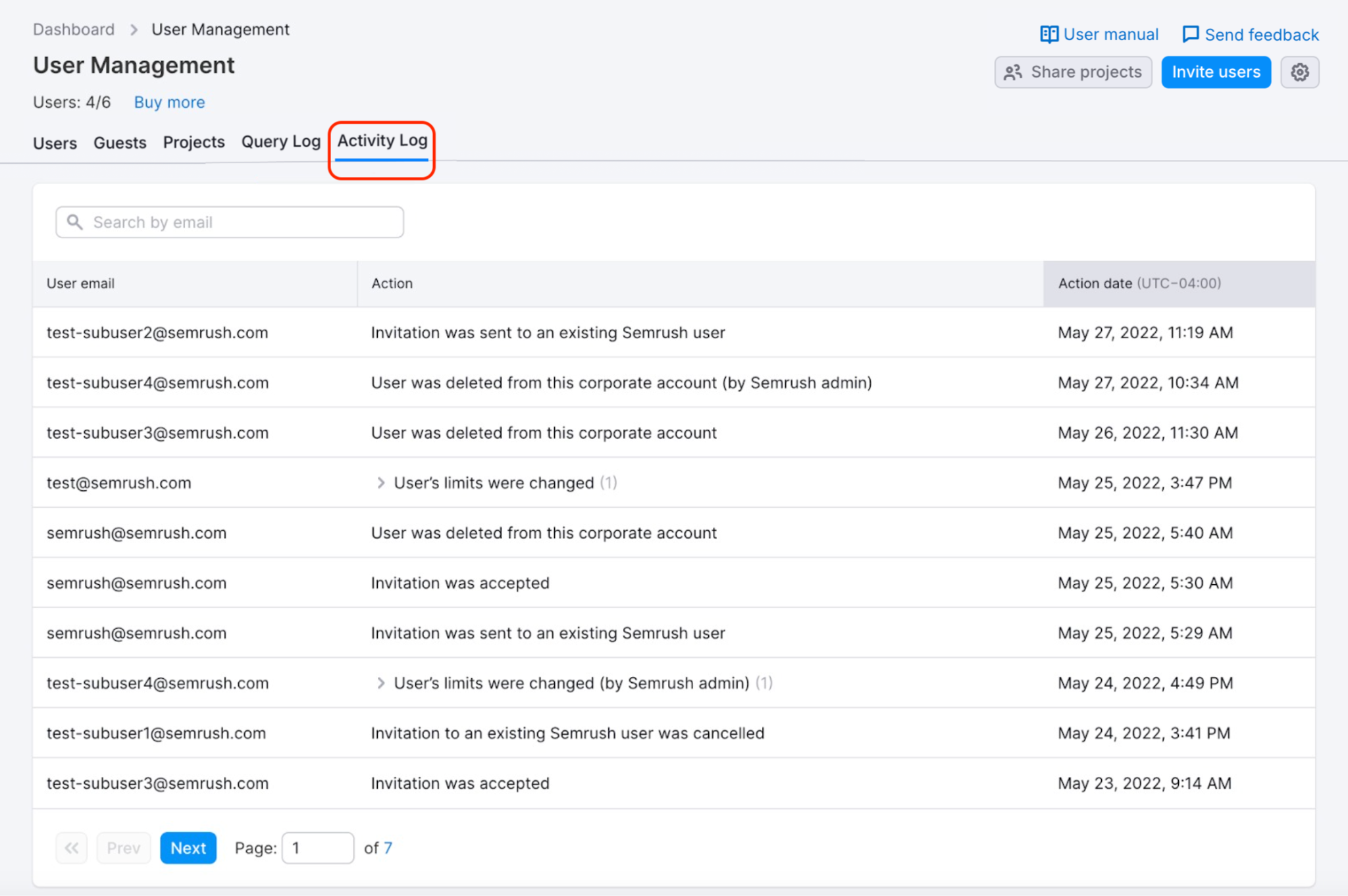Example of the Activity Log. 