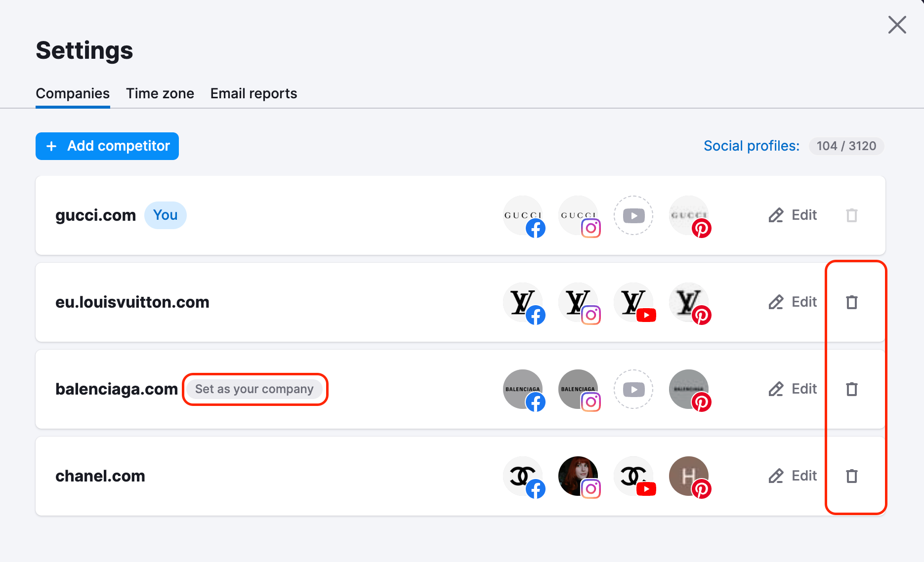 Social Tracker Settings window with red rectangles highlighting the Set as your company button which appears when you hover over the competitor, and the Bin buttons next to each of the competitors. 
